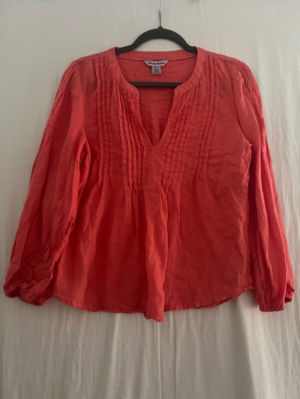 Tommy Bahama Linen Blouse Petite Small Coral Pintuck Boho Resort Top